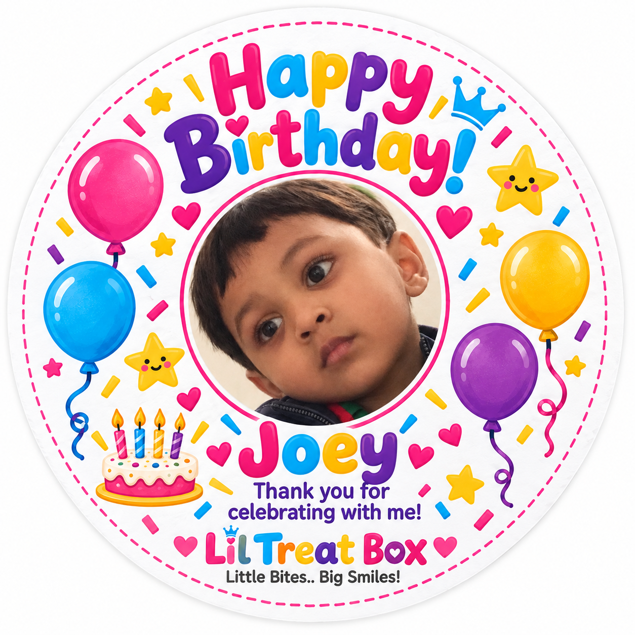 Personalised Lil Treat Box birthday sticker with child photo