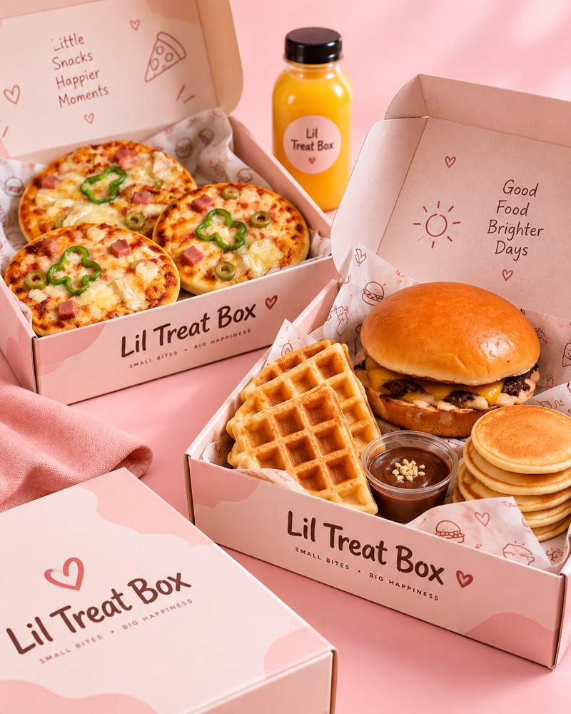 Lil Treat Box birthday snack boxes with mini pizza, burger, waffles and pancakes