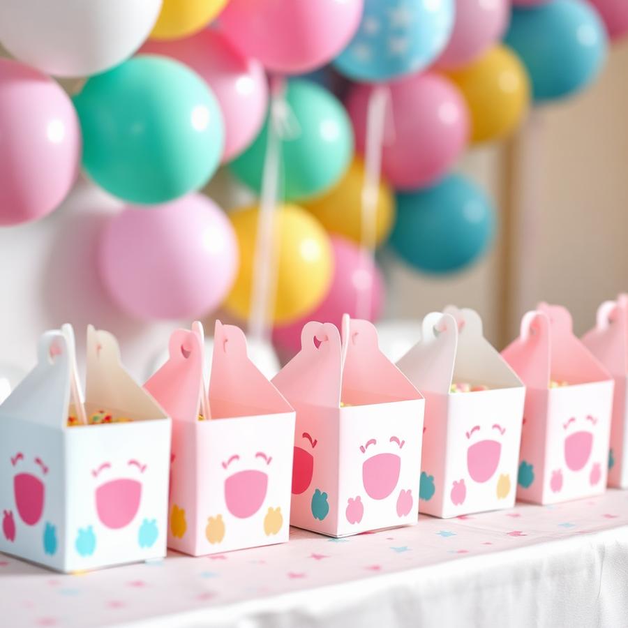 Row of pastel kids party snack boxes arranged with balloons