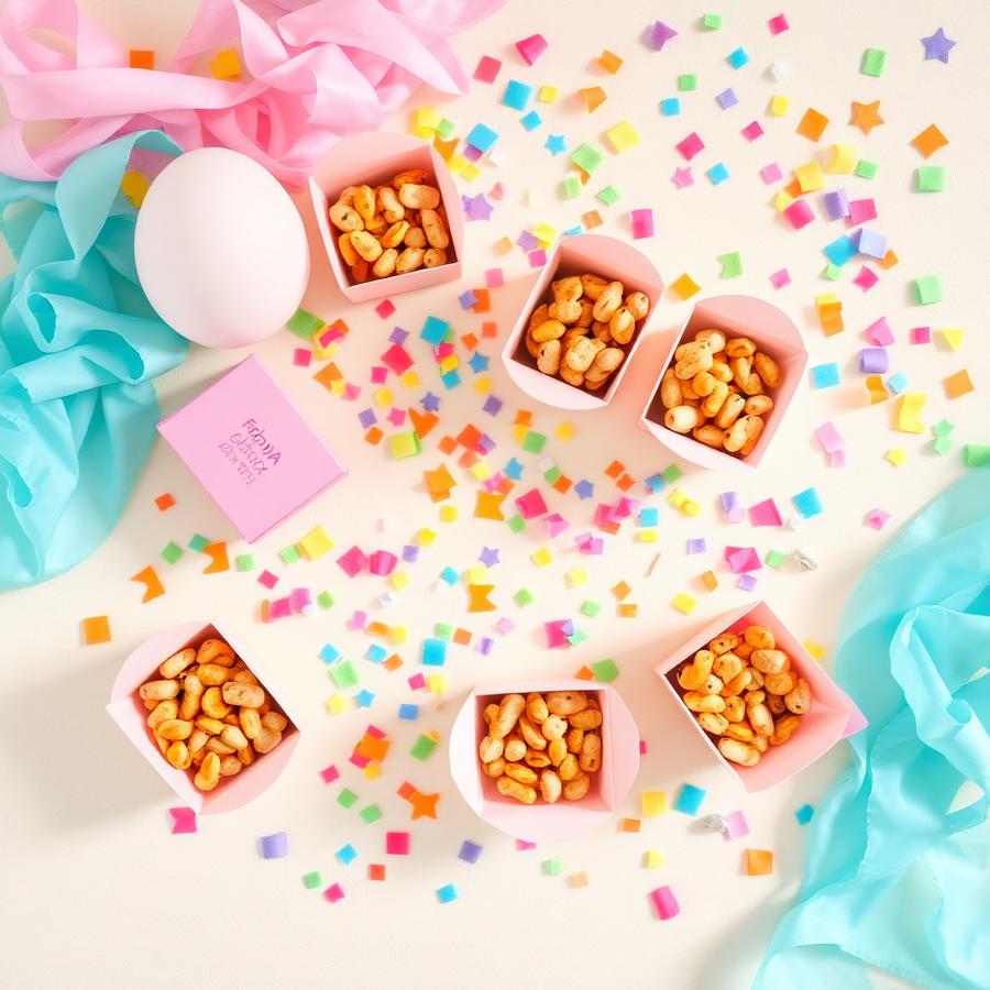 Birthday party table with snack boxes and confetti