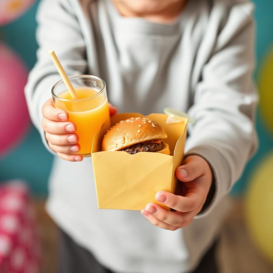Child holding a snack box with a mini burger and juice box